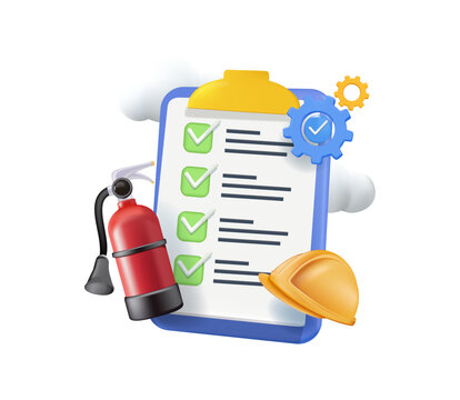 OSHA safety briefing, hazard awareness training, 3D vector illustration. Industrial worker in safety vests attending a safety training briefing with a whiteboard. Occupational safety regulations