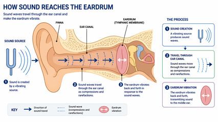 How Sound Reaches the Eardrum - A Detailed Diagram of the Human Ear. © dada