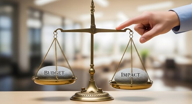 Balanced golden scale with input and output in modern office