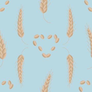 Wheat and grain seamless pattern on blue background