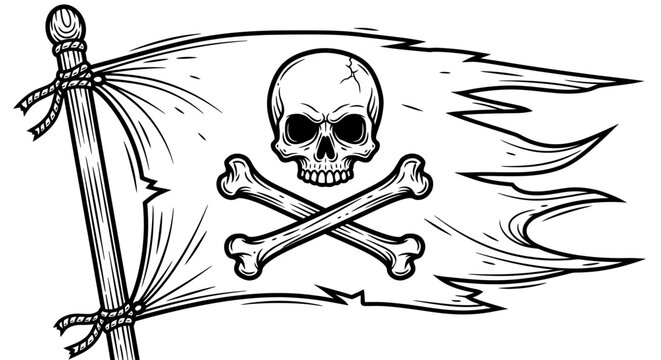 Jolly Roger Pirate Flag with Skull and Crossbones Illustration.