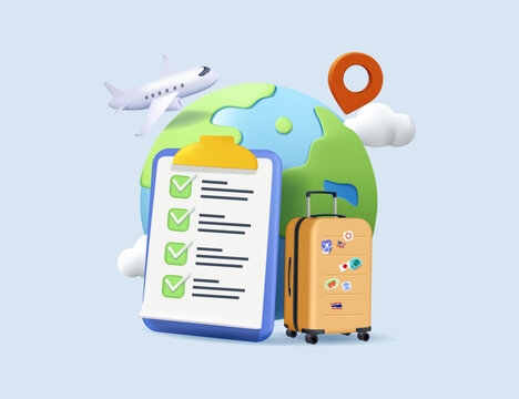 Reviewing an insurance policy with a check mark sign 3D vector illustration. Concepts Travel insurance, insurance business, risk management, emergency planning, medicals support, abroad trip assurance