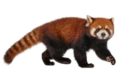 Fototapeta premium Fluffy red panda with striped tail walking, isolated on transparent background