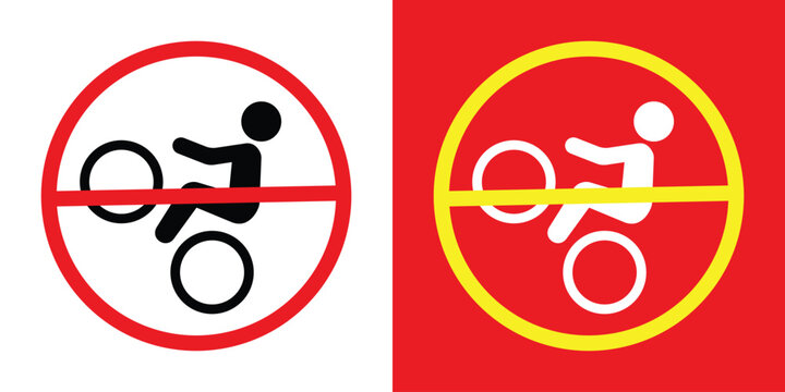Prohibitory sign set depicting a person performing a wheelie on a bicycle. Includes red and yellow warning circles. Used to prevent dangerous biking maneuvers and reckless riding.
