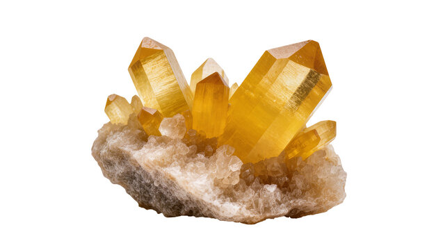 Cluster of golden yellow quartz crystals on rough rock, isolated on transparent background