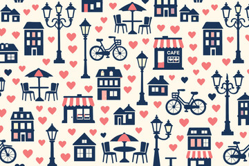 Fototapeta premium City street design showing houses, cafes, bicycles, and street lamps in a pattern filled with hearts