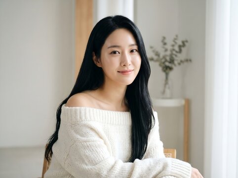 Smiling young Asian woman with long dark hair wearing a white off-shoulder sweater in a bright indoor setting.