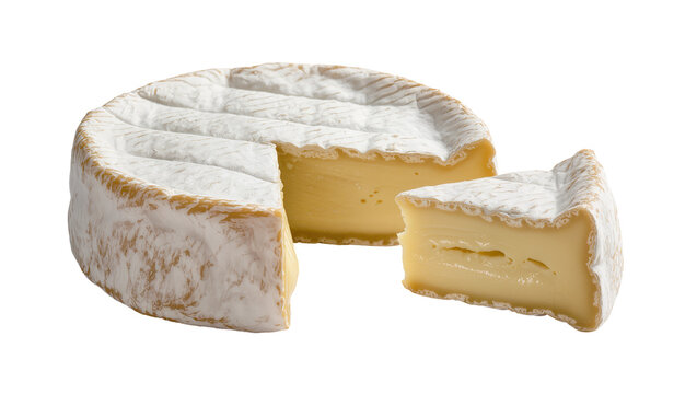 Round brie cheese with a slice cut out, isolated on transparent background