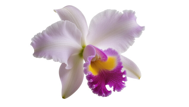 Delicate Cattleya orchid with ruffled purple and yellow labellum, isolated on transparent background