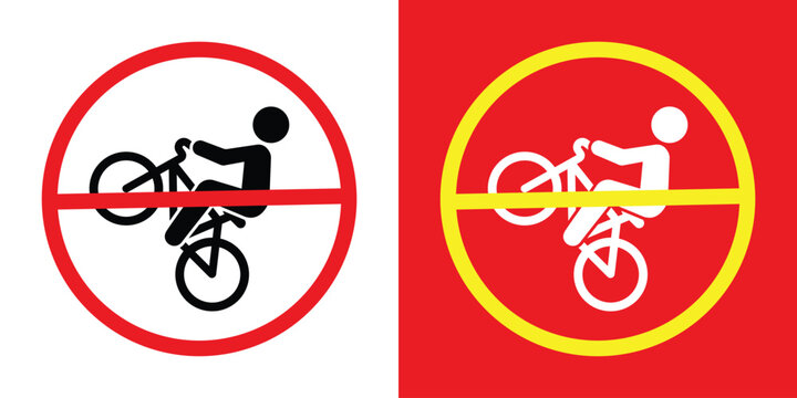 Prohibitory sign set depicting a person performing a wheelie on a bicycle. Includes red and yellow warning circles. Used to prevent dangerous biking maneuvers and reckless riding.
