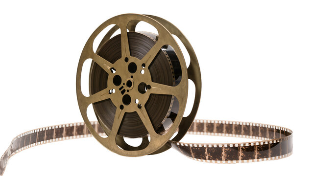 Vintage metal film reel with unwound celluloid strip, isolated on transparent background