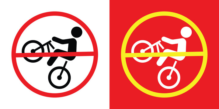 Prohibitory sign set depicting a person performing a wheelie on a bicycle. Includes red and yellow warning circles. Used to prevent dangerous biking maneuvers and reckless riding.
