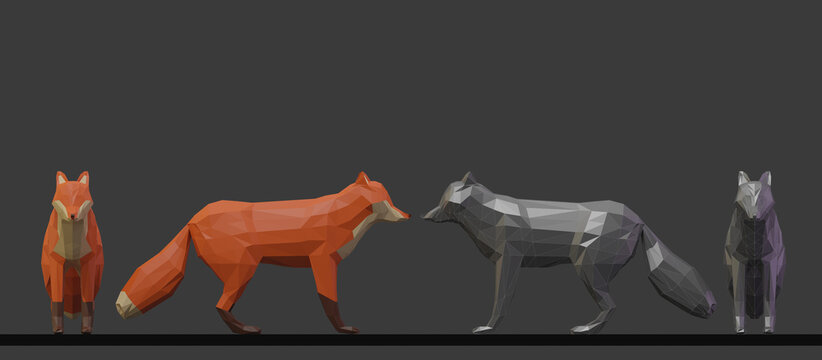 Low poly fox character set in multiple poses stylized 3d render