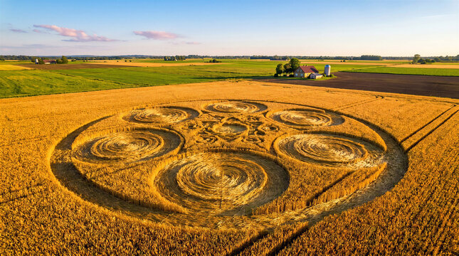 Aerial view of mysterious crop circles geometrical pattern in golden wheat field, alien UFO theory concept