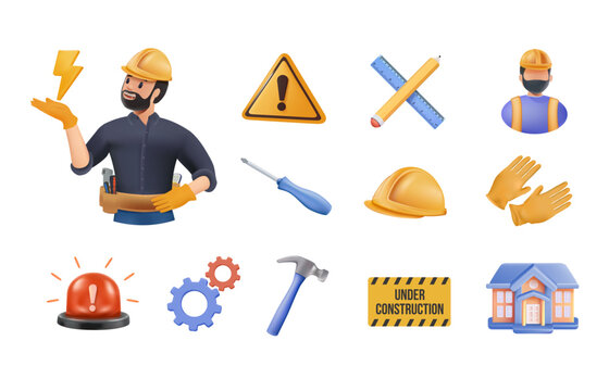 Premium 3D labor icon set featuring realistic construction tools and safety equipment. Modern professional icons design, mobile apps, and industrial business presentations