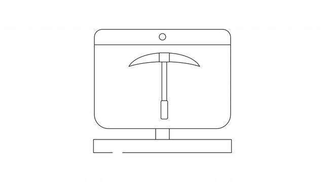 Digital Mining Pickaxe Icon on Computer Screen Outline.
