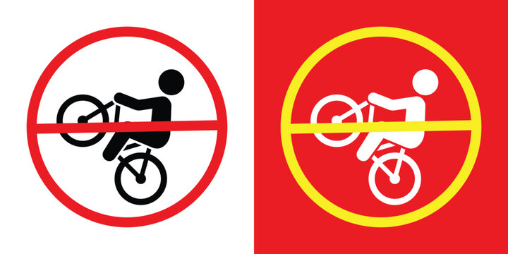 Prohibitory sign set depicting a person performing a wheelie on a bicycle. Includes red and yellow warning circles. Used to prevent dangerous biking maneuvers and reckless riding.
