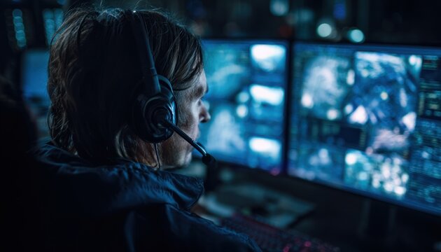 Professional it worker wearing a headset sitting in front of multiple computer monitors displaying security camera feeds and data analysis