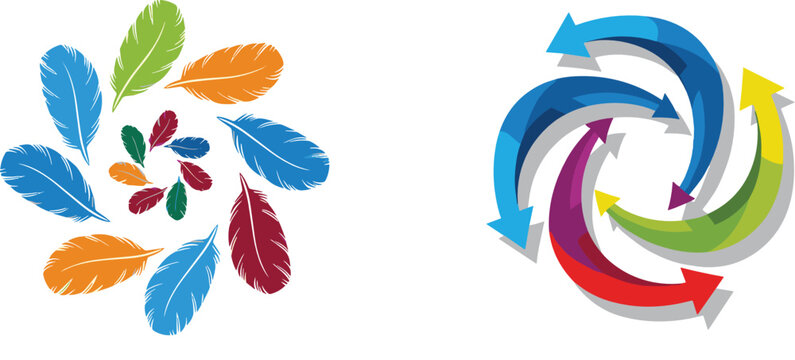 Set of two abstract circular logo designs featuring colorful feathers in a radial pattern and dynamic looping 3D arrows, isolated icons on white background.