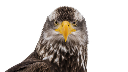 Obraz premium Majestic juvenile bald eagle head with piercing eyes, isolated on transparent background