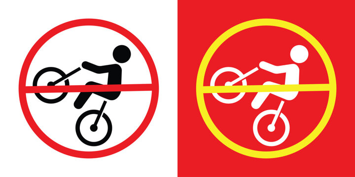 Prohibitory sign set depicting a person performing a wheelie on a bicycle. Includes red and yellow warning circles. Used to prevent dangerous biking maneuvers and reckless riding.