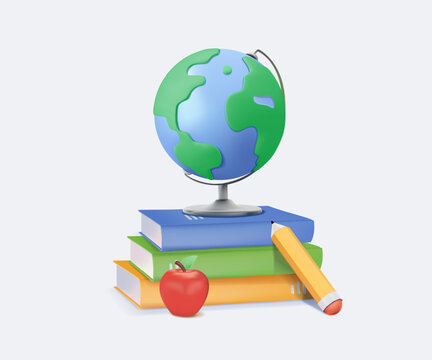 The globe stands over books towards pencil, 3D vector illustration. Concept for student global education, academic achievement, study abroad programs, university graduation and successful career goals