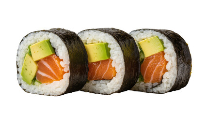 Three salmon and avocado sushi rolls with nori and rice, isolated on transparent background © Bogdan