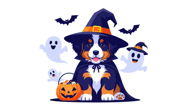 Bernese Mountain Dog Puppy Dressed for Halloween with Ghosts and Bats