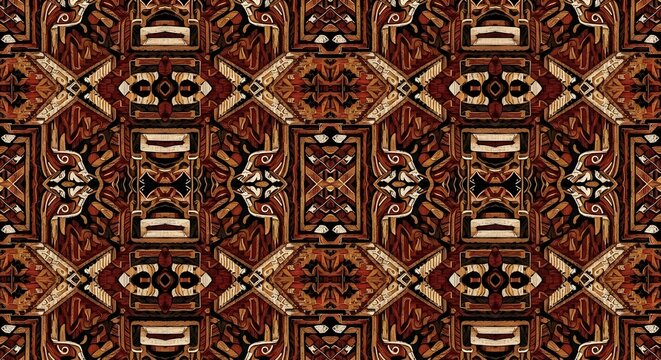 Traditional Dayak seamless ethnic pattern with intricate brown and red cultural motifs