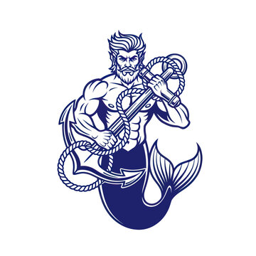 Merman with Anchor Tattoo Design, Nautical Marine Mythical Creature
