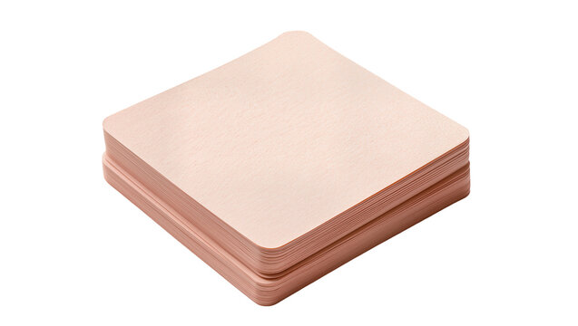 Stack of square blank beige paper cards with rounded corners, isolated on transparent background