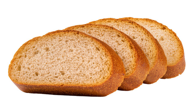 Four rustic brown bread slices with golden crust, isolated on transparent background