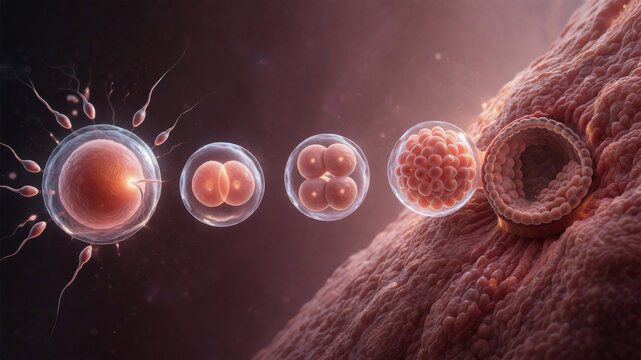 Scientific visualization of conception and early pregnancy development, stages of life beginning.