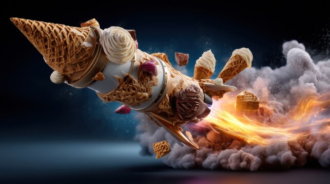Rocket ship crafted from ice cream cones ignites adventure in a fantasy world digital art vibrant colors whimsical atmosphere