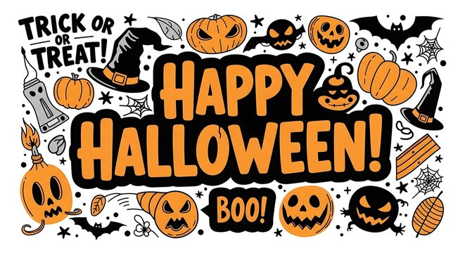 Happy halloween cartoon illustration with pumpkins bats and spooky elements