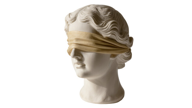 Blindfolded classical statue head with golden fabric, isolated on transparent background