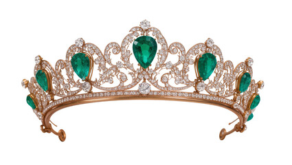 Ornate rose gold tiara with pear-shaped emeralds and diamonds, isolated on transparent background © Bogdan