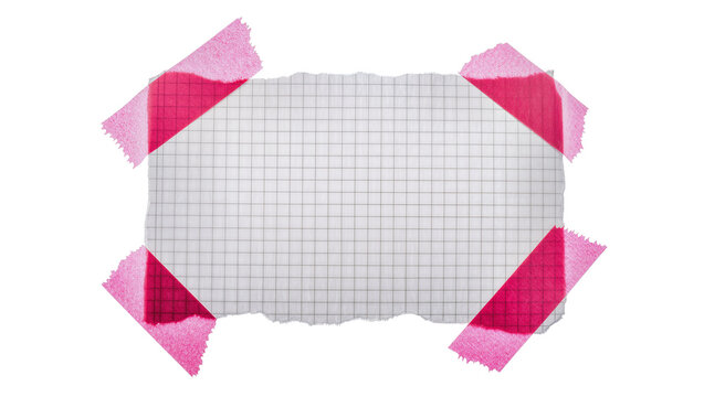 Torn graph paper secured with pink tape, isolated on transparent background