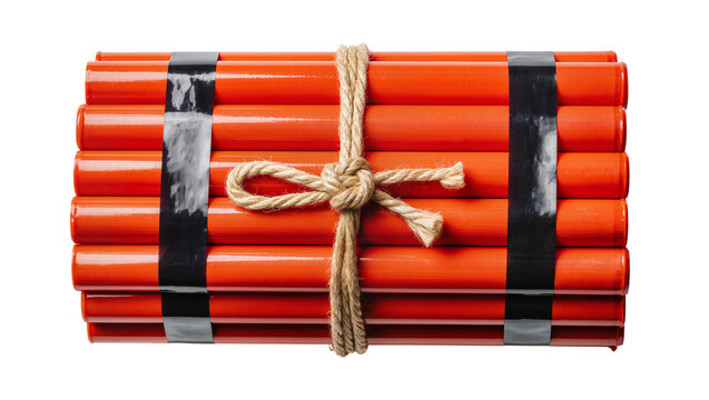 Bundle of orange dynamite sticks secured with black tape and twine, isolated on transparent background