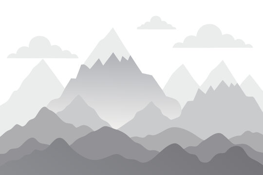 Grey mountain range landscape, vector mountains, cloudy sky, gradient peaks