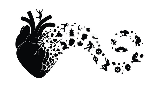 Heart dissolving into a stream of diverse human activities and symbols, representing life's journey and experiences.