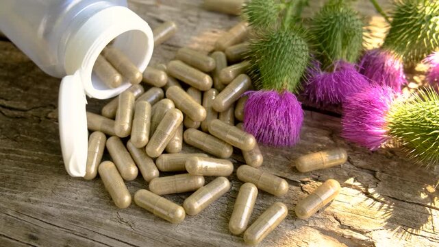 Milk thistle supplements in nature. Selective focus.
