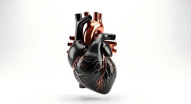 Mechanical human heart model in black marble and polished copper finishes