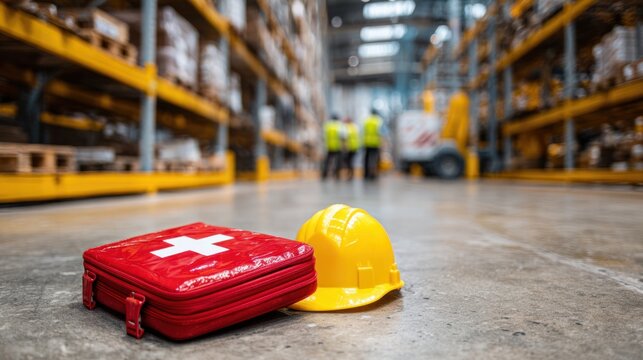 Red first aid kit and bright yellow construction helmet positioned on warehouse floor