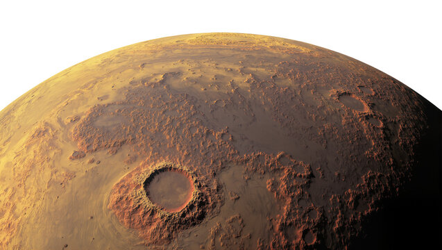 Mars planet surface with craters and rugged terrain, isolated on transparent background