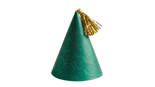 Green party hat with hexagonal pattern and gold tassel, isolated on transparent background