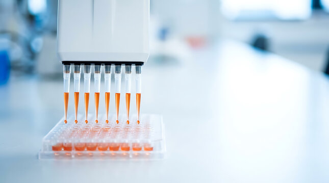 Multichannel pipette dispensing orange liquid samples into a 96-well microplate for scientific research in a biotechnology laboratory