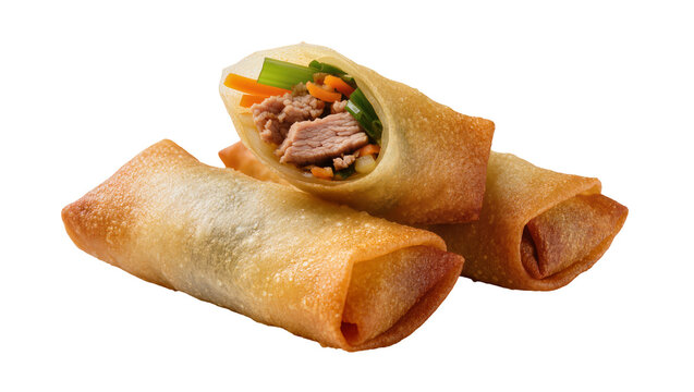 Crispy golden brown egg rolls filled with savory meat and fresh vegetables, isolated on transparent background