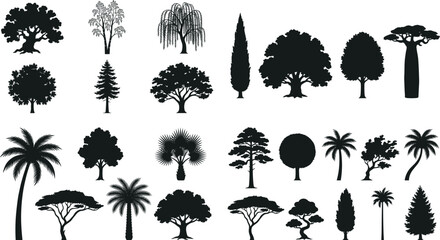 Large Tropical and Forest Tree Silhouette Collection with Palm Pine and Decorative Nature Vector Elements © Millat