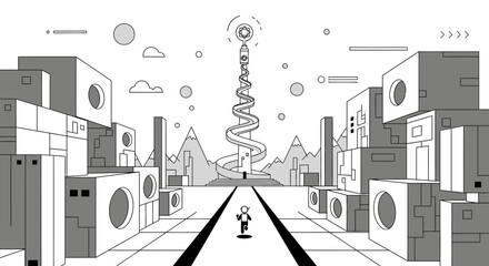 A lone figure stands on a path in a minimalist, futuristic landscape. © dada